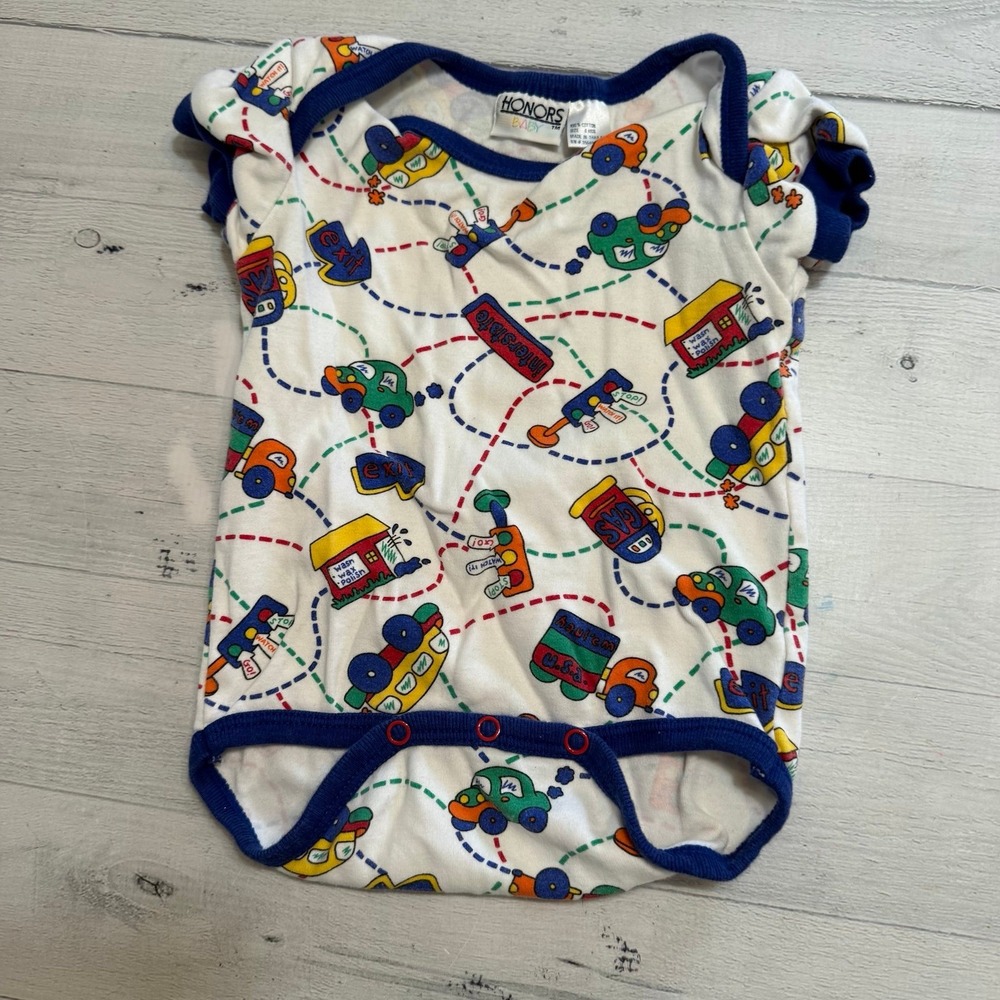 Vintage Honors Baby colorful vechicles bodysuit 6 months